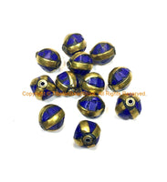 Tibetan Beads - 4 BEADS Lapis and Brass Inlaid Beads - Ethnic Handmade Beads - Gemstone Inlaid Beads from Nepal - B3235B-4