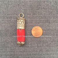 Ethnic Tribal Tibetan Coral Stick Pendant with Tibetan Silver Repousse Floral Repousse Caps - 13mm x 51mm - Red Coral Pendant - WM7445D