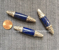2 BEADS BIG Long Lapis Lazuli Beads with 92.5 Sterling Silver Caps - Ornate Silver Floral Design Caps & Gemstone Beads Lapis Beads - B3355-2