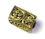 Repousse Carved Brass Rectangular Box-Shaped Tibetan Bead with Fish & Floral Details - 1 Bead - Ethnic Nepal Tibetan Pendant Beads - B2431