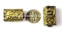 Repousse Carved Brass Rectangular Box-Shaped Tibetan Bead with Fish & Floral Details - 1 Bead - Ethnic Nepal Tibetan Pendant Beads - B2431