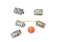 2 BEADS - Repousse Carved Tibetan Silver Rectangular Box Shaped Tibetan Beads with Deer & Floral Details - Tibetan Pendant Beads - B3080B-2