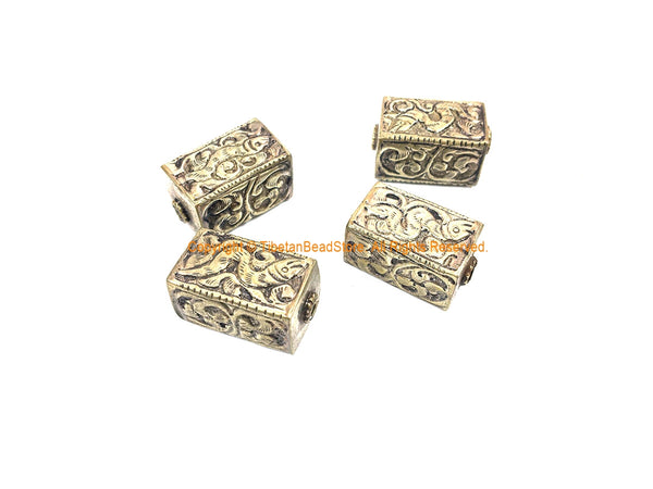 2 BEADS - Repousse Carved Tibetan Silver Rectangular Box Shaped Tibetan Beads with Snake & Floral Details - Tibetan Pendant Beads - B3080C-2