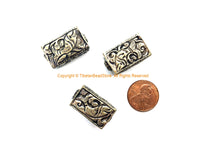 2 BEADS - Repousse Carved Tibetan Silver Rectangular Box Shaped Tibetan Beads with Fish & Floral Details - Tibetan Metal Beads - B3080E-2