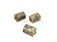 2 BEADS - Repousse Carved Tibetan Silver Rectangular Box Shaped Tibetan Beads with Fish & Floral Details - Tibetan Metal Beads - B3080E-2