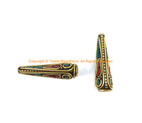 2 BEADS Ethnic Nepalese Tibetan Cone Beads with Brass, Turquoise, Coral Inlays - Inlaid Beads Tibetan Beads - Nepal Beads - B3137B-2