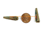 2 BEADS Ethnic Nepalese Tibetan Cone Beads with Brass, Turquoise, Coral Inlays - Inlaid Beads Tibetan Beads - Nepal Beads - B3137B-2
