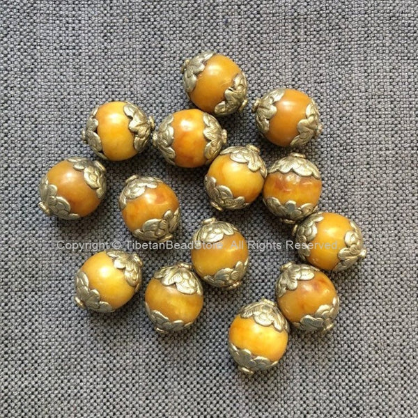 4 BEADS Tibetan Amber Beads - Big Amber Color Resin Beads with Repousse Floral Tibetan Silver Metal Caps - Ethnic Tribal Beads - B3234-4