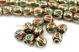 4 BEADS Turquoise, Coral, Brass Inlaid Beads - Tibetan Beads Inlaid Beads Tribal Beads - Handmade Beads - TibetanBeadStore - B3235F-4
