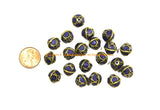 4 BEADS Tibetan Lapis & Brass Inlay Oval Sphere Beads - Tibetan Beads Tribal Beads - 11mm x 10mm - Handmade Circles Inlay Beads - B3472-4