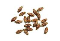 10 BEADS Tibetan Coral & Brass Inlay Bicone Shape Beads - Tibetan Beads Tribal Beads - 9mm x 20mm - Inlay Tube Bicone Beads - B3473-10