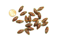 10 BEADS Tibetan Coral & Brass Inlay Bicone Shape Beads - Tibetan Beads Tribal Beads - 9mm x 20mm - Inlay Tube Bicone Beads - B3473-10