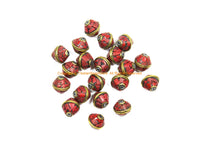 10 BEADS Tibetan Coral & Brass Inlay Bicone Shape Beads - Tibetan Beads Tribal Beads - 12mm x 13mm - Handmade Inlay Bicone Beads - B3475-10