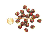 10 BEADS Tibetan Coral & Brass Inlay Bicone Shape Beads - Tibetan Beads Tribal Beads - 12mm x 13mm - Handmade Inlay Bicone Beads - B3475-10