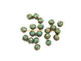 2 BEADS Tibetan Turquoise, Brass Inlay Oval Shape Beads - Tibetan Beads Tribal Beads - 9mm x 10mm - Handmade Oval Inlay Beads - B3476-2