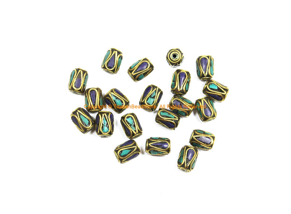 10 BEADS Tibetan Lapis, Turquoise, Brass Inlay Tube Beads - Tibetan Beads Tribal Beads - 8mm x 11mm Handmade Tube Inlay Beads - B3477-10