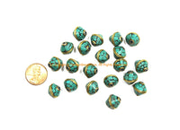 10 BEADS Tibetan Turquoise & Brass Inlay Bicone Shape Beads - Tibetan Beads Tribal Beads - 12mm x 12mm - Inlay Bicone Beads - B3478-10