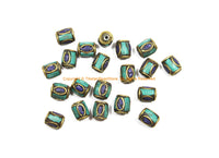 10 BEADS Tibetan Lapis, Turquoise, Brass Inlay Tube Beads - Tibetan Beads Tribal Beads - 9mm x 12mm Handmade Tube Inlay Beads - B3479-10