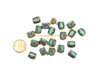 10 BEADS Tibetan Lapis, Turquoise, Brass Inlay Tube Beads - Tibetan Beads Tribal Beads - 9mm x 12mm Handmade Tube Inlay Beads - B3479-10