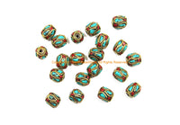2 BEADS Tibetan Turquoise, Coral & Brass Inlay Oval Shape Beads - Tibetan Beads Tribal Beads - Handmade Oval Inlay Ethnic Beads - B3480-2