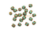 2 BEADS Tibetan Turquoise, Coral & Brass Inlay Oval Shape Beads - Tibetan Beads Tribal Beads - Handmade Oval Inlay Ethnic Beads - B3480-2