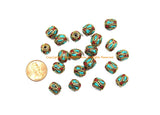 2 BEADS Tibetan Turquoise, Coral & Brass Inlay Oval Shape Beads - Tibetan Beads Tribal Beads - Handmade Oval Inlay Ethnic Beads - B3480-2