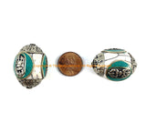LARGE Tibetan White Crackle Resin Bead with Tibetan Silver Caps & Auspicious Vajra, Turquoise Inlays - B3483-1