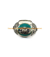 LARGE Tibetan White Crackle Resin Bead with Tibetan Silver Caps & Auspicious Vajra, Turquoise Inlays - B3483-1