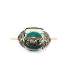 LARGE Tibetan White Crackle Resin Bead with Tibetan Silver Caps & Auspicious Vajra, Turquoise Inlays - B3483-1