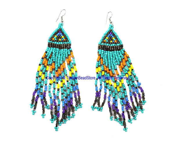 Ethnic Beaded Fringe Tassel Earrings with Multi-colored Beads - Beadwork Earrings - Handmade Jewelry - E18