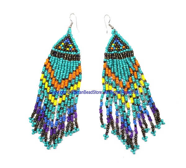 Ethnic Beaded Fringe Tassel Earrings with Multi-colored Beads - Beadwork Earrings - Handmade Jewelry - E19