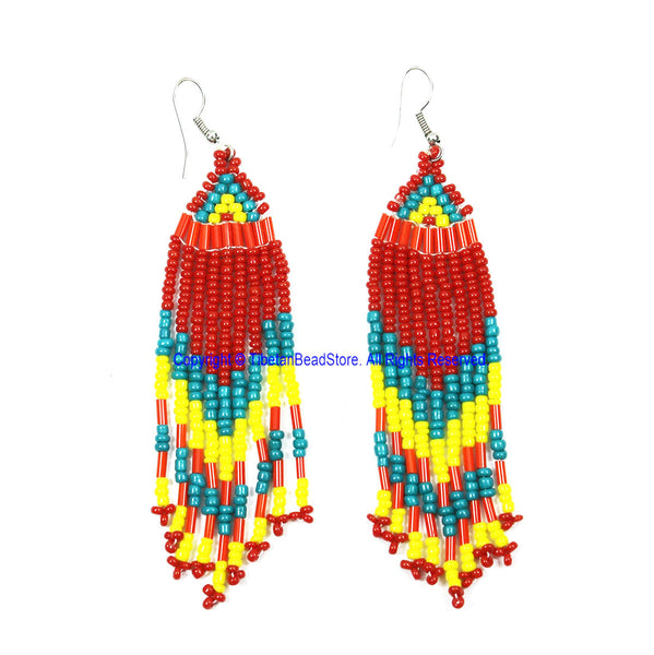 Ethnic Beaded Fringe Tassel Earrings with Multi-colored Beads - Beadwork Earrings - Handmade Jewelry - E21