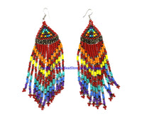 Ethnic Beaded Fringe Tassel Earrings with Multi-colored Beads - Beadwork Earrings - Handmade Jewelry - E23