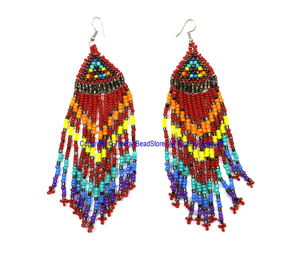 Ethnic Beaded Fringe Tassel Earrings with Multi-colored Beads - Beadwork Earrings - Handmade Jewelry - E23