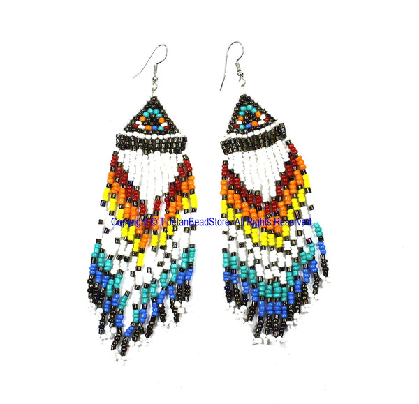 Ethnic Beaded Fringe Tassel Earrings with Multi-colored Beads - Beadwork Earrings - Handmade Jewelry - E24