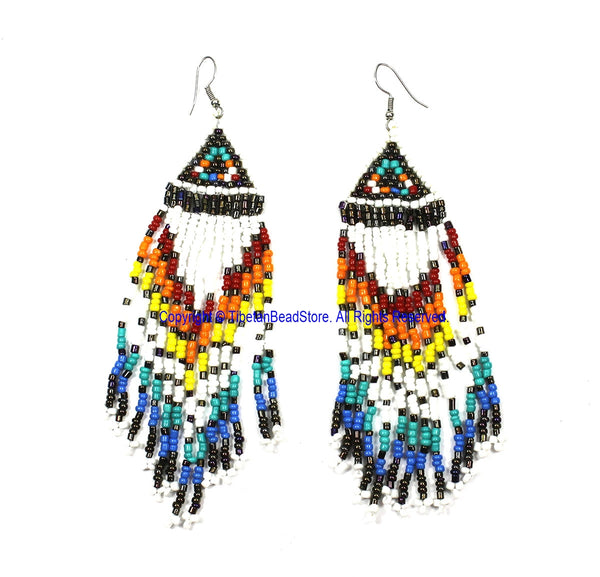 Ethnic Beaded Fringe Tassel Earrings with Multi-colored Beads - Beadwork Earrings - Handmade Jewelry - E26