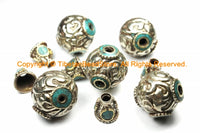 LARGE Repousse Hand Carved Floral Detail Tibetan Silver Plated Metal Guru Beads with Turquoise Inlay - GB48L-1