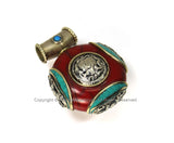 Tibetan Reversible Round Red Crackle Resin Pendant with Turquoise Inlays, Tibetan Silver Repousse Auspicious Conch & Vajra Details - WM4110B