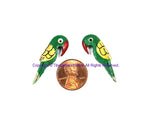 2 BEADS Green Parrot Beads - Handmade Beads - Wooden Parrot Bird Handmade Painted Beads - B3232-2