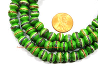 10 BEADS Light Green Bone Beads with Inlays - 8mm Tibetan Green Bone Beads with Turquoise, Coral, Metal Inlays - Ethnic Beads- LPB163-10