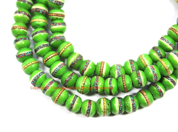 20 BEADS Light Green Bone Beads with Inlays - 8mm Tibetan Green Bone Beads with Turquoise, Coral, Metal Inlays - Ethnic Beads- LPB163-20