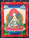 White Tara Sitatara Tibetan Thangka with High Quality Silk Brocade Framing - TH100