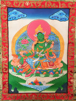 Green Tara Tibetan Thangka with High Quality Silk Brocade Framing - TH93