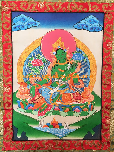 Green Tara Tibetan Thangka with High Quality Silk Brocade Framing - TH93