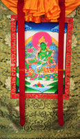 Green Tara Tibetan Thangka with High Quality Silk Brocade Framing - TH93