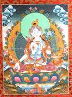 White Tara Sitatara Tibetan Thangka with High Quality Silk Brocade Framing - TH88