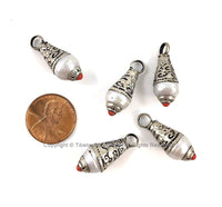 2 PENDANTS Tibetan Pearl Charm Drop Pendants with Repousse Tibetan Silver Caps & Coral Accent - TibetanBeadStore Charms - WM1873-2