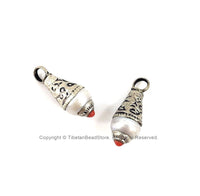 2 PENDANTS Tibetan Pearl Charm Drop Pendants with Repousse Tibetan Silver Caps & Coral Accent - TibetanBeadStore Charms - WM1873-2