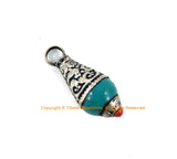 Tibetan Turquoise Resin Drop Charm Pendant with Tibetan Silver Caps and Coral Accent - Ethnic Turquoise Drops with Carved Metal Cap - WM4008S-1