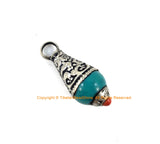2 PENDANTS - Tibetan Turquoise Resin Drop Charm Pendant with Tibetan Silver Caps and Coral Accent - Ethnic Turquoise Drops - WM4008S-2